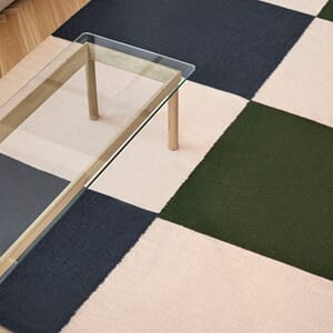 Ethan Cook Flat Works peach green check_Kofi clear glass tabletop wb lacquer oak frame (1).jpg